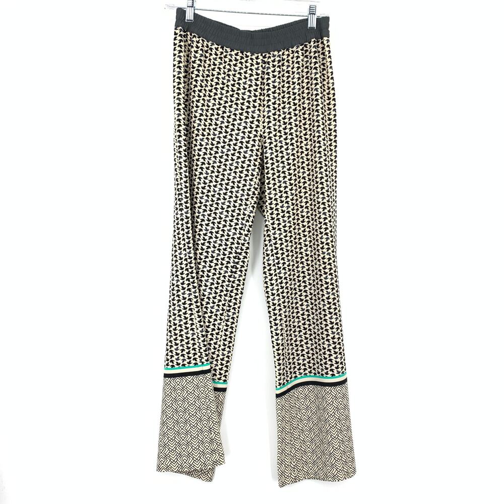 Esprit Wide Leg Pull On Pants Womens Sz 4 Cream Gray Bird Print Elastic Waist